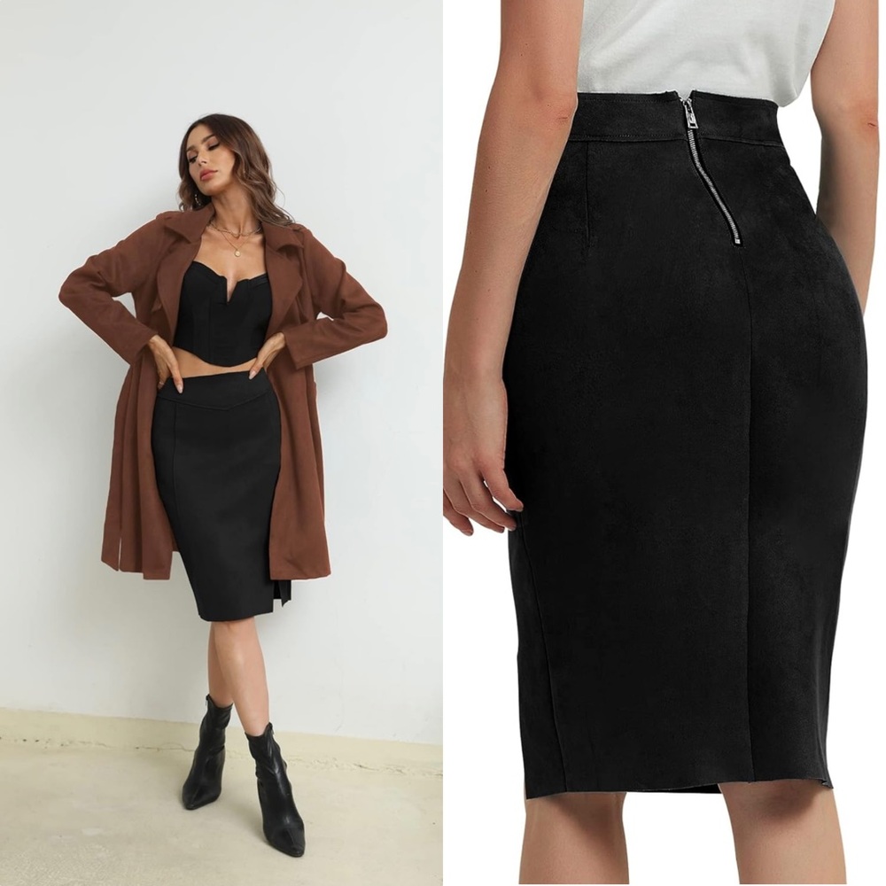 Bellivera Pencil Skirt High‎ Waist Bodycon Faux Suede Knee Length Size Small